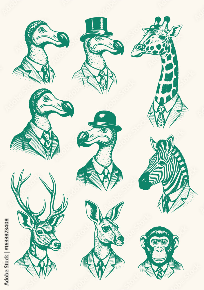 Fototapeta premium Anthropomorphic animals in vintage suits, dressed in various styles, including casual, formal, and retro fashion elements.