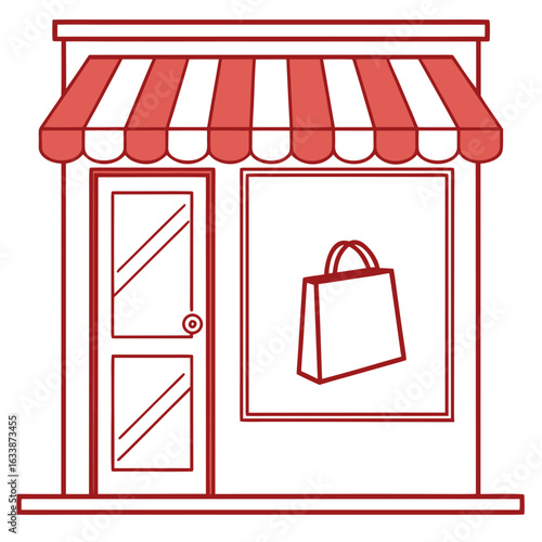 Red Outline Drawing of a Storefront with an Awning and Shopping Bag Display retail