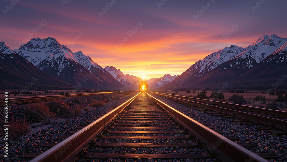 Fototapeta premium Railway tracks leading towards a vibrant sunset between snow capped mountains