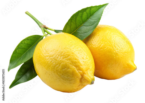 two fresh lemons with stem and leaf isolated on white background