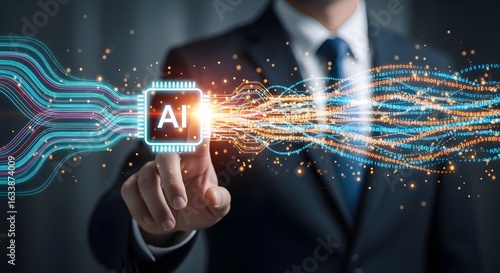 Businessman Touching Holographic AI Microchip with Flowing Data Streams in Futuristic Concept