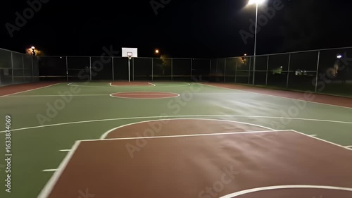 Empty basketball court at night, illuminated by bright street lights. Green and maroon surface