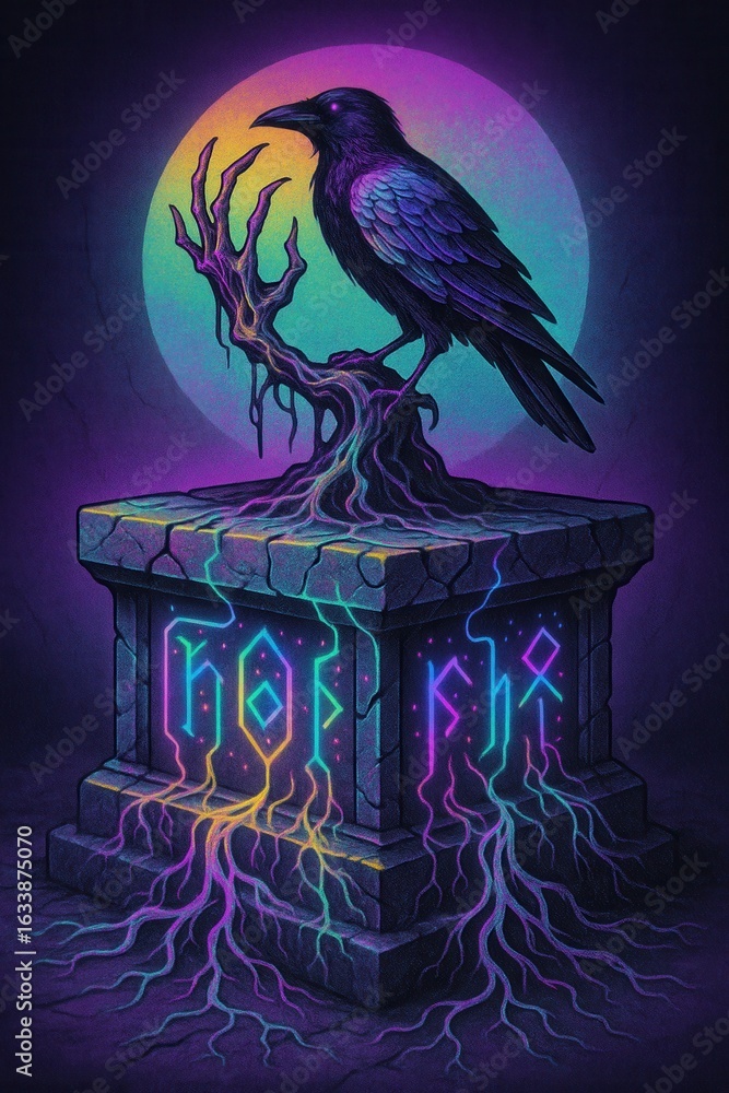 Fototapeta premium Halloween inspired scene of a shadowy humanoid figure with tendrils standing on a pedestal in a ruined gothic cathedral lit by eerie turquoise stained glass