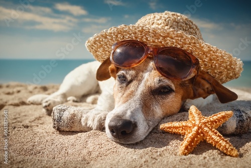 Dog relaxing on beach in straw hat and sunglasses with starfish and towel