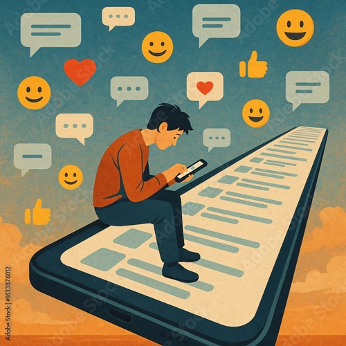User Scrolling a Giant Phone Screen with Endless Comments and Emojis – Visual Metaphor of Social Media Overload and Content Addiction