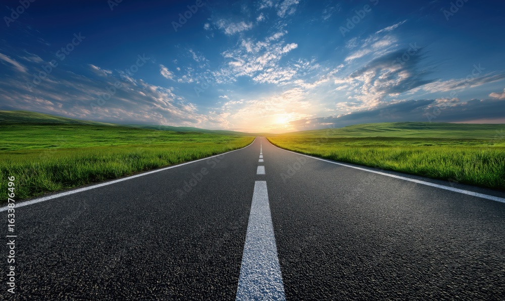 Naklejka premium Straight, empty asphalt road stretching toward a vibrant sunrise or sunset on the horizon, symbolizes a journey, a path forward, and the optimism and hope that come with a new beginning.