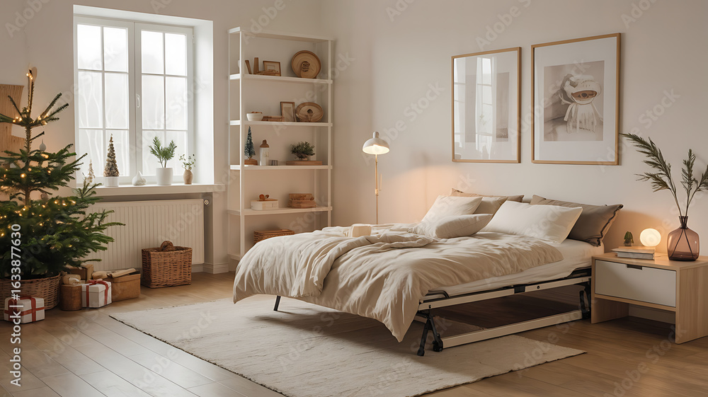 Fototapeta premium Cozy bedroom with Christmas tree, bed, and warm decor. 