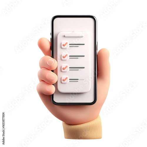 3d icon of hand holding phone with checklist isolated on transparent background