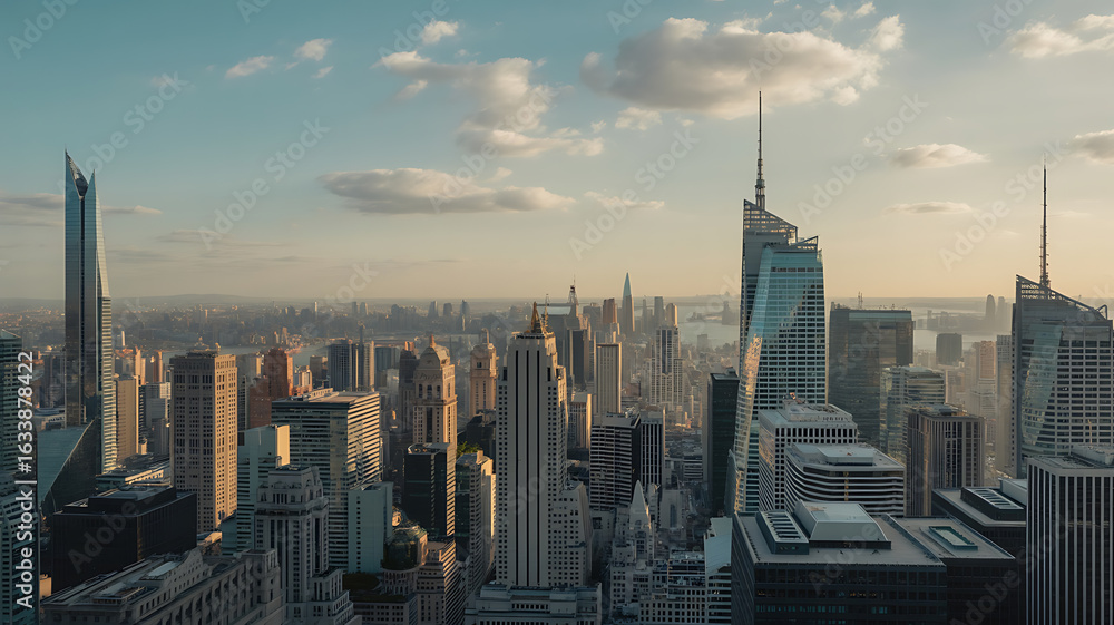 Naklejka premium New York City skyline at sunset. Dense urban landscape. 