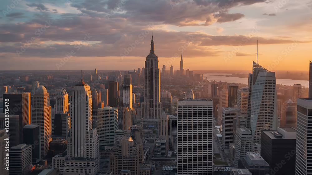 Fototapeta premium Vast cityscape at sunset, New York City skyline.