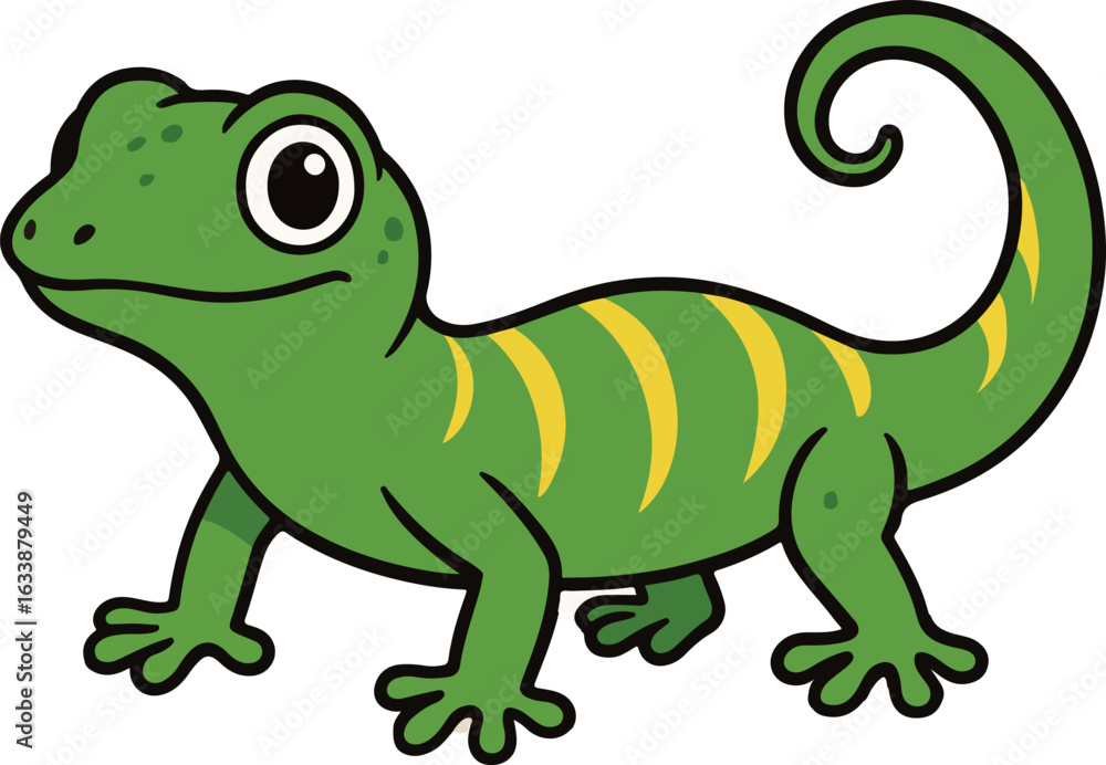 Naklejka premium Cartoon Green Lizard with Yellow Stripes and a Curly Tail a Vibrant and Playful Reptile Illustration