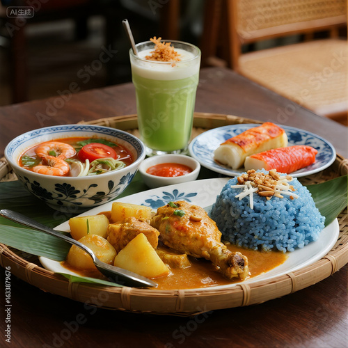 Authentic Nyonya Cuisine Set with Colorful Rice and Curry Chicken