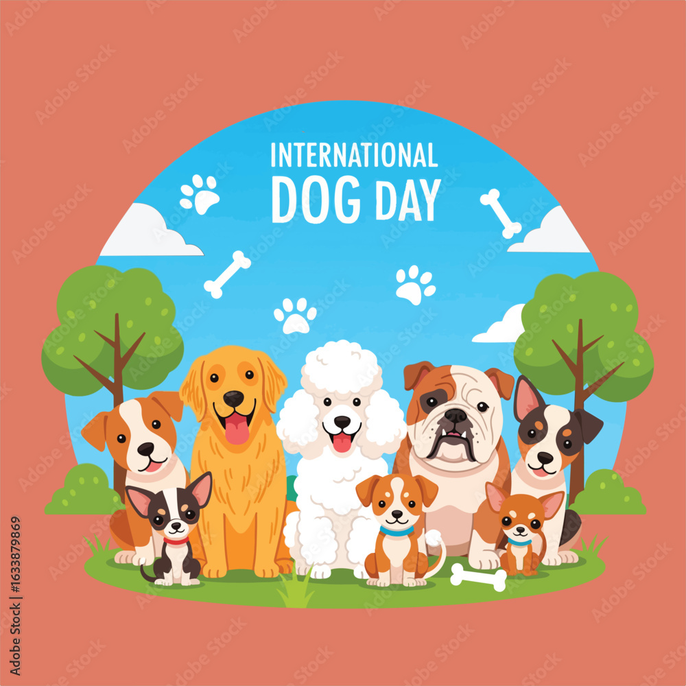 Naklejka premium Cartoon image celebrating International Dog Day with an array of charming dog breeds in front of a blue sky, trees, and green grass backdrop.