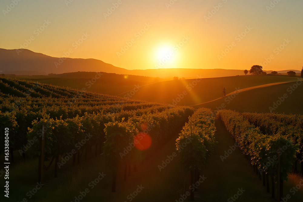 Obraz premium The sun casting golden rays across a quiet vineyard at dusk.