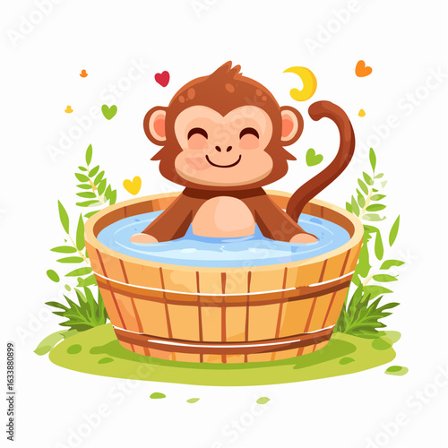 温泉に浸かるかわいい猿のイラスト（ベクター）