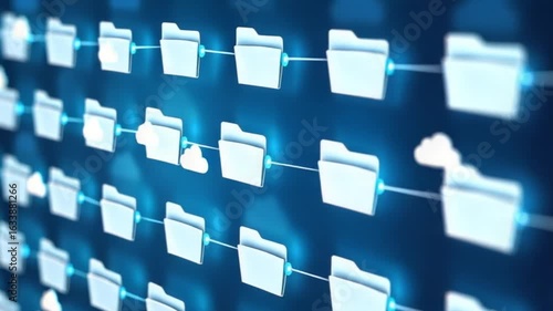 Folders White Icons on Dark Blue Grid — 4K HD Video Footage Download, Minimalist Abstract Background, Digital File System, Elegant Virtual Storage Interface