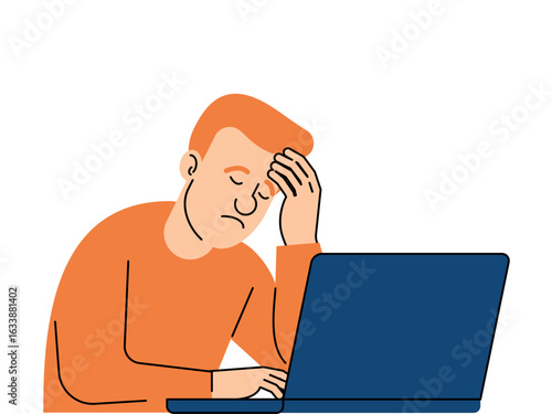 Tired and frustrated man sitting at a laptop, symbolizing burnout, work stress, and digital fatigue. Conceptual illustration for mental health or overwork topics.