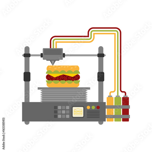 Futuristic 3D printer producing a cheeseburger. Symbol of food innovation, artificial meal creation, and future technology in culinary industries.