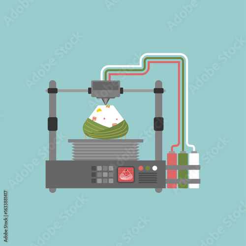 3D printer prints a Japanese onigiri. Conceptual image representing futuristic food technology, culinary innovation, and experimental automated cooking.