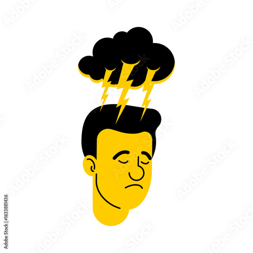 man with a storm cloud and lightning above his head, symbolizing mental overload, anxiety, or emotional conflict.