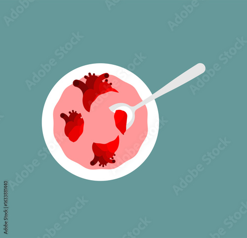 Bowl of soup with floating anatomical hearts. Surreal and dark food concept, perfect for horror themes, medical visuals, or conceptual surrealist art.
