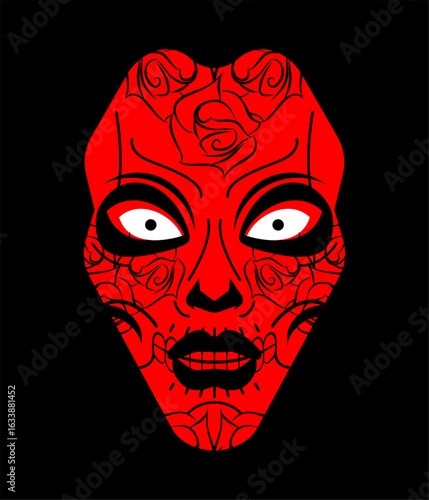 Terrifying red demon face with glowing white eyes and abstract patterns. Perfect for horror, dark fantasy, or Halloween-themed designs.