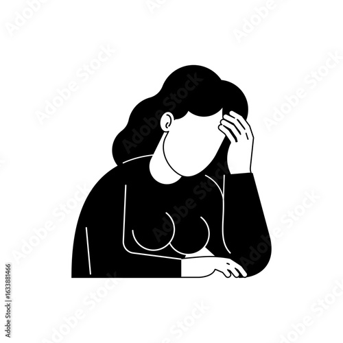 Woman holding her head in her hand, expressing sorrow, grief, or deep emotional pain. Simple but powerful black and white drawing.