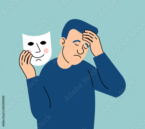 man holding a smiling mask while looking sad, symbolizing hidden depression, mental health struggles, and emotional masking.