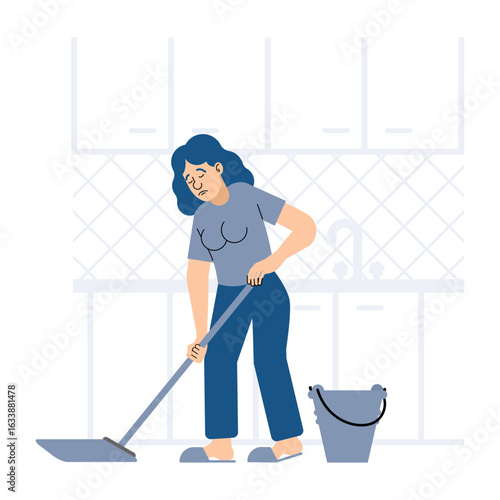 Woman mopping the floor in a kitchen. Daily cleaning routine, hygiene, and home chores concept. Illustration of housework and domestic life.
