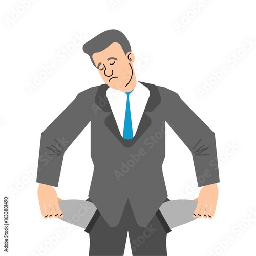 A man in a suit showing empty pockets. Concept of poverty, unemployment, financial problems, or bankruptcy. Business failure or economic crisis theme.