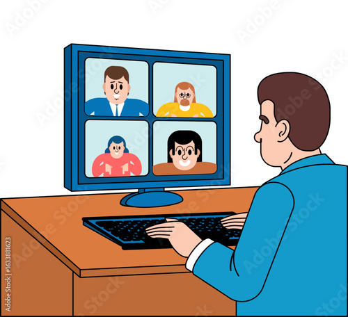 man participating in a video conference on a computer. Represents remote work, online communication, and digital collaboration.