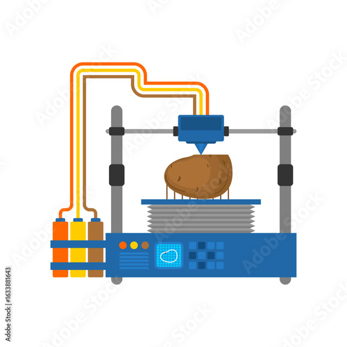 3D printer producing potatoes. Symbol of food technology, futuristic nutrition, and experimental cooking innovation.