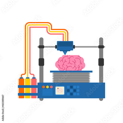 3D printer printing a human brain. Represents AI, mind technology, biotech, innovation, and future science concepts.