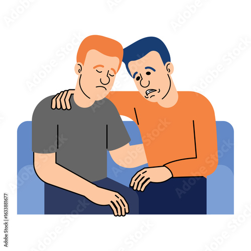 Two men offering emotional support and friendship. A modern illustration showing care, empathy, and solidarity between friends during tough times.