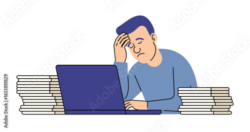 Tired man working on laptop with piles of documents. Represents stress, overwork, and burnout. Useful for business, office, and mental health themes.