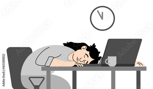 Tired woman asleep at her desk with a clock on the wall. Late night work, burnout, and exhaustion at workplace.