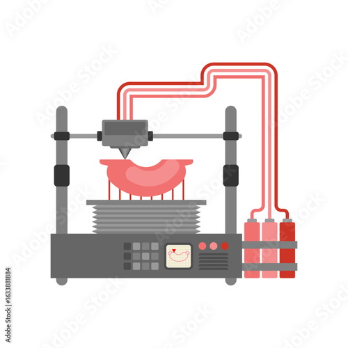 3D bioprinter printing a sausage. Concept of artificial food production, lab-grown meat, and food technology innovation for future nutrition.