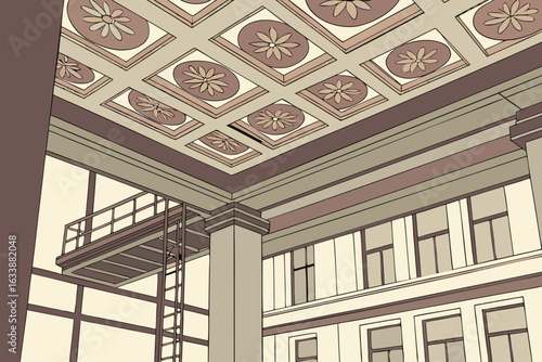 View of an interior space with a decorative ceiling a platform and a ladder with multiple windows visible