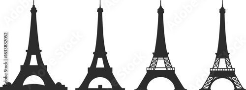 Eiffel Tower silhouettes, Paris landmark, black and white vector, travel illustration, architecture design, iconic structure, editable art, French monument, tourism
