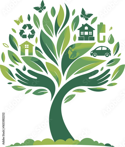 Eco tree illustration, green leaves, sustainability icons, caring hands, environmental protection concept