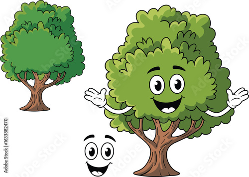 Cartoon trees with smiling faces, anthropomorphic forest illustration, friendly nature design