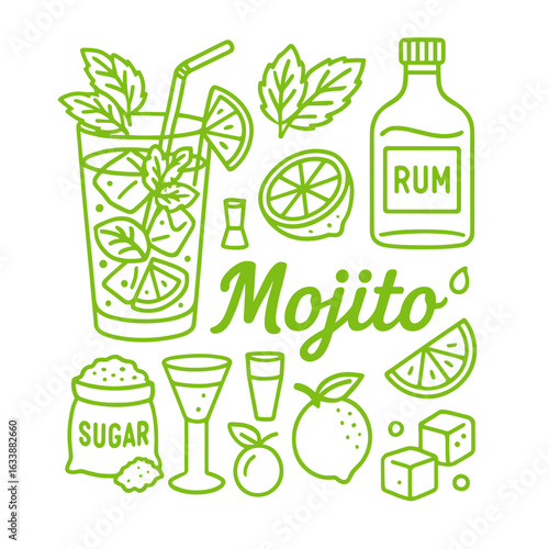 Mojito cocktail illustration with ingredients like rum, mint, and lime  