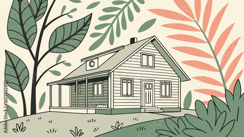 Illustration of a house with a porch surrounded by trees and plants in a whimsical and stylized manner
