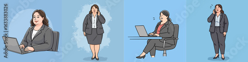 Businesswoman using laptop and talking on phone in various poses  
