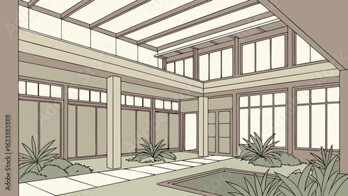 Illustration of an open air courtyard with vegetation and a pool surrounded by a building with windows