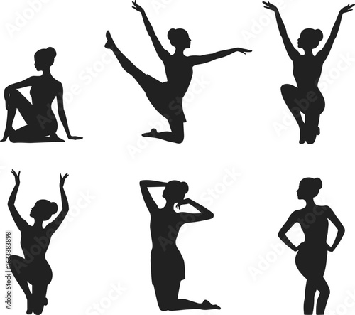 Elegant dance silhouette collection, graceful ballet poses, artistic female figures, fitness and yoga movement, black vector illustration, studio promotion, stock image