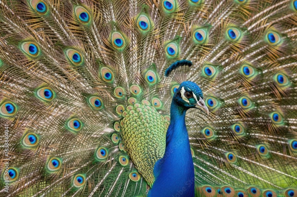 Obraz premium Majestic peacock displays vibrant fanned tail feathers