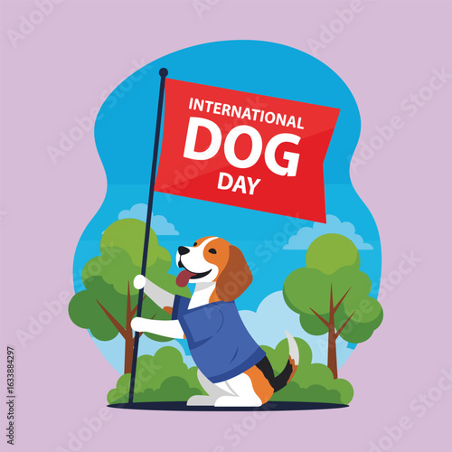 A cartoon-style image displays a beagle dog wearing a blue shirt and holding a red flag with "INTERNATIONAL DOG DAY" written in white.