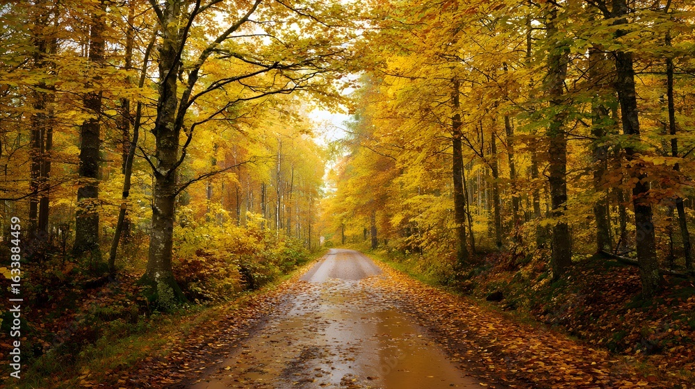 Fototapeta premium Golden autumn path through a serene Swedish forest with scattered leaves.