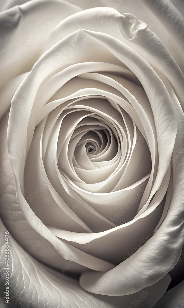 Obraz premium Closeup macro view of a delicate white rose, showcasing its intricate petal structure and soft texture in a serene, atmospheric composition